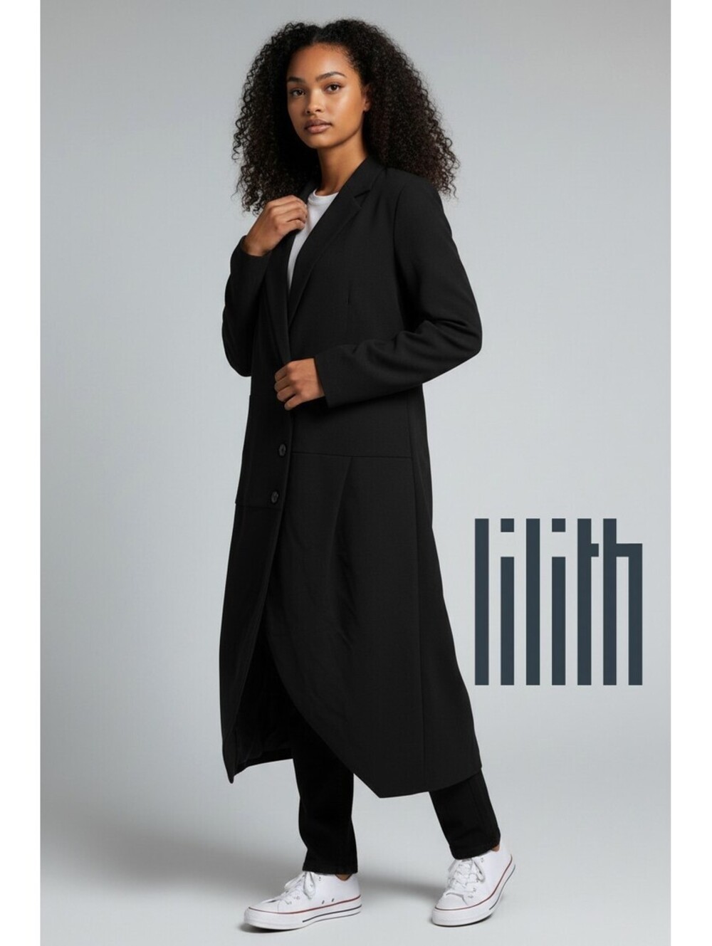 Lilith XL 44 Long Black Trench Coat Three Button Fit Flare Lightweight